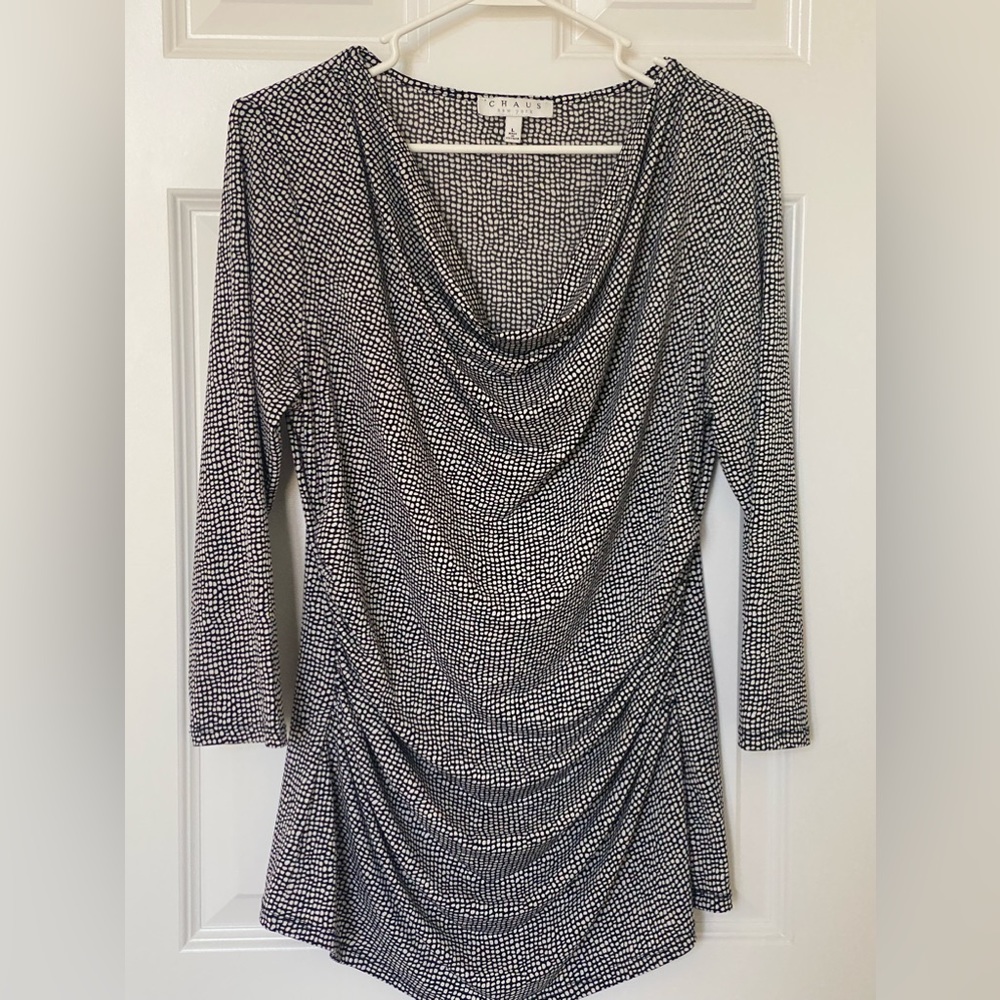 CHAUS , 3/4 sleeve, black and white silky- soft spandex Cowl blouse!